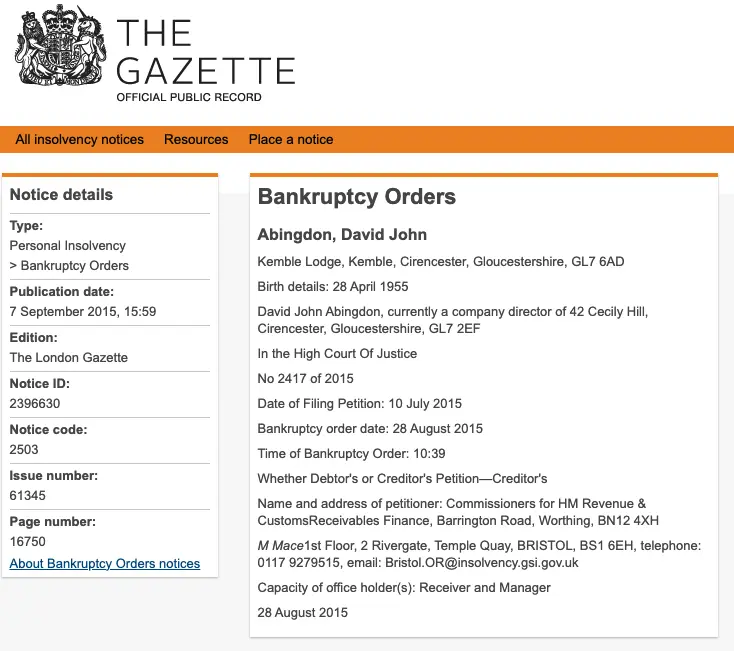 Bankruptcy Orders from The Gazette for David Abingdon