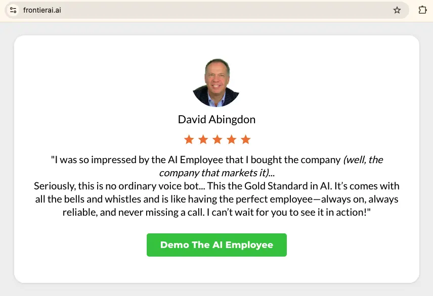 David Abingdon fake testimonial on FrontierAI website (company that he owns).